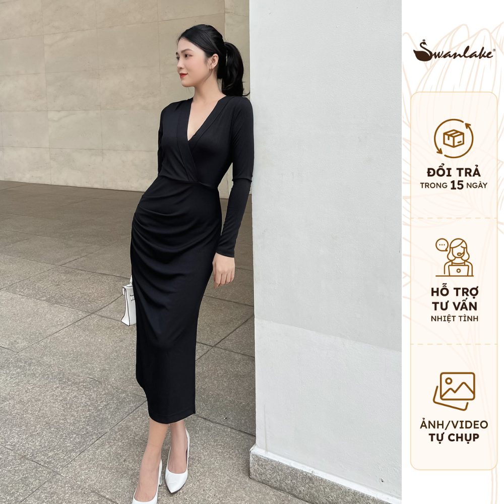 SWANLAKE | Đầm Thun Ôm Body Công Sở, Đi Tiệc Tay Dài Cổ V Giấu Bụng, Không Lộ Viền Có Bigsize - MÃ: D10536LW0