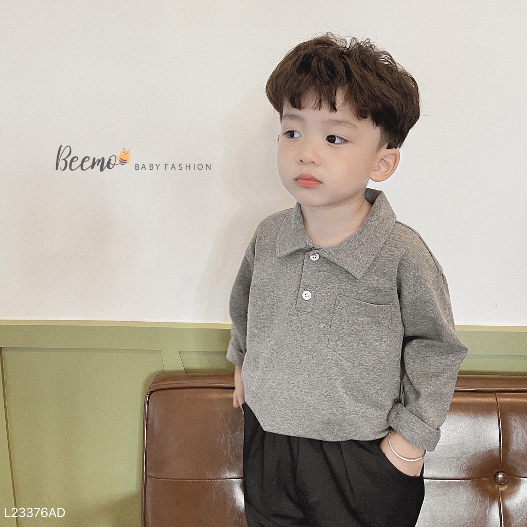 Áo polo cotton dài tay phối túi Beemo cho bé, áo phông cổ đức dài tay basic cho bé