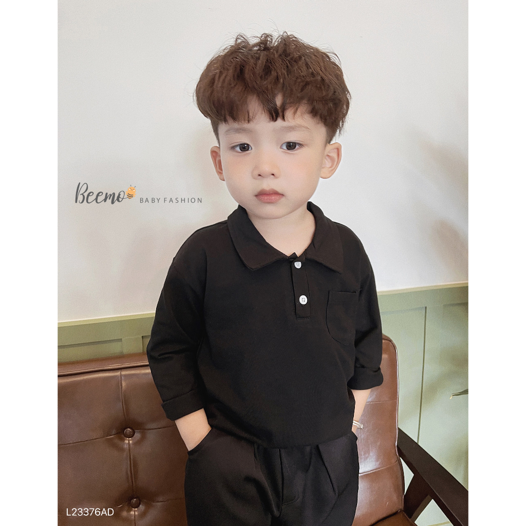 Áo polo cotton dài tay phối túi Beemo cho bé, áo phông cổ đức dài tay basic cho bé