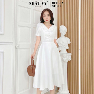 Váy Đi Tiệc NHẬT VY Đính Nút Ngắn Tay Cổ Chữ V Cài Khoá Kéo Màu Đen, Trắng, Đỏ - D2366