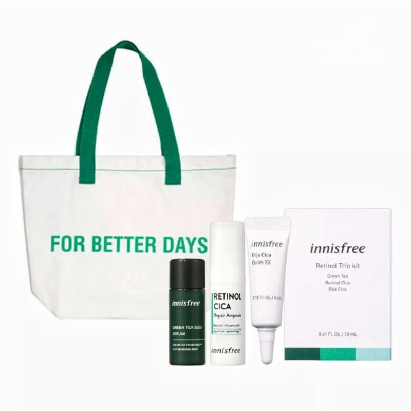 (Mẫu 2023) Bộ Phục Hồi Da Dưỡng Ẩm Và Túi Vải Thời Trang Innisfree Retinol Trio 2023