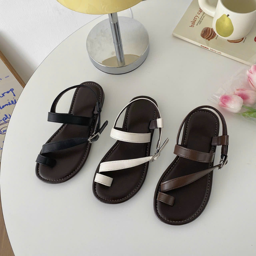 Dép sandal nữ quai da đế bệt xỏ ngón  khoá cài