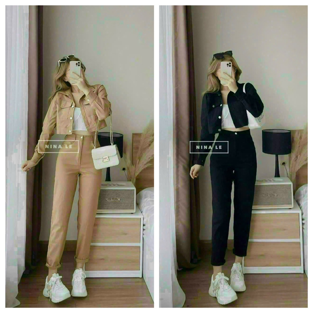 Set bộ 3 món áo croptop tay dài cài nút kèm quần dài 2 màu y hình thời trang nữ thiết dế duyên dáng trẻ chung năng động