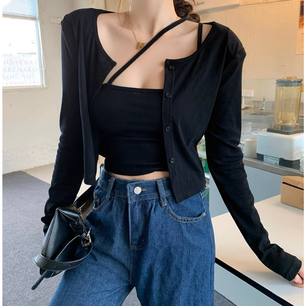 LYRA Set áo khoác cadigan dài tay kèm áo hai dây chất thun mặc 2 kiểu phong cách trẻ trung, Hàn Quốc - CSYSE0073