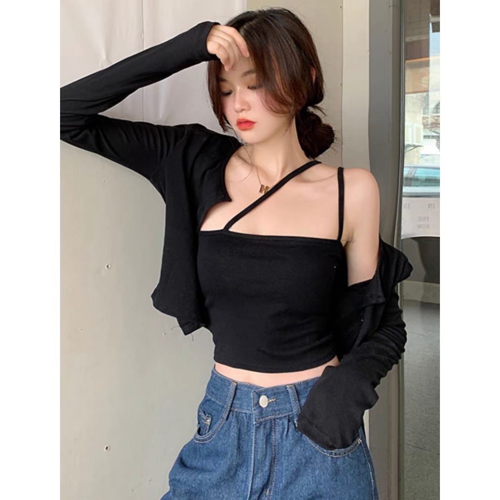 LYRA Set áo khoác cadigan dài tay kèm áo hai dây chất thun mặc 2 kiểu phong cách trẻ trung, Hàn Quốc - CSYSE0073