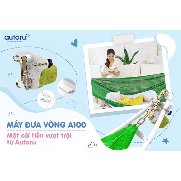 Máy đưa võng tự động Autoru A100 mẫu mới 2023 sức đưa 100Kg ru bé ngủ ngon, dùng sạc dự phòng 5V an toàn cho bé