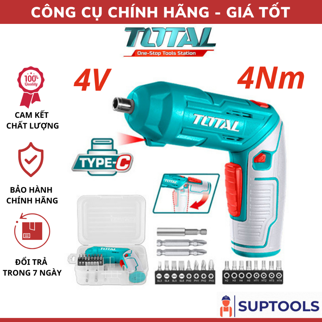 Máy siết vặn vít dùng pin 4V TOTAL TSDLI0442 Kèm 16 mũi vít size 25mm, 2 mũi vít size 50mm, 1 khớp nối [Hàng chính hãng]