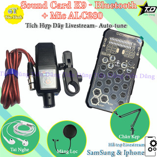 Bộ Livestream Mic Aqta ALC280 Sound Card K9 Có Autu-tune  Bluetooth Pin Đèn Led Chân Kẹp Màng Lọc - Micro Thu Âm Trọn Bộ