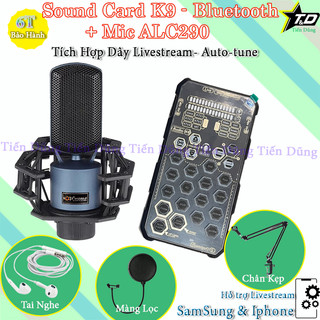 Combo Mic Livestream Karaoke Aqta ALC290 và Sound Card K9 có Bluetooth Auto-tune Đi Kèm Chân Kẹp Màng Lọc Tặng Tai Nghe