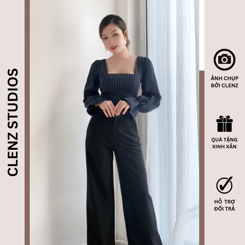 Áo croptop tay dài sọc nhún sau A08