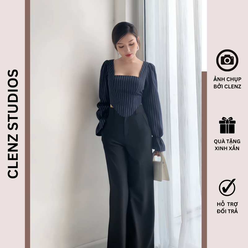 Áo croptop tay dài sọc nhún sau A08