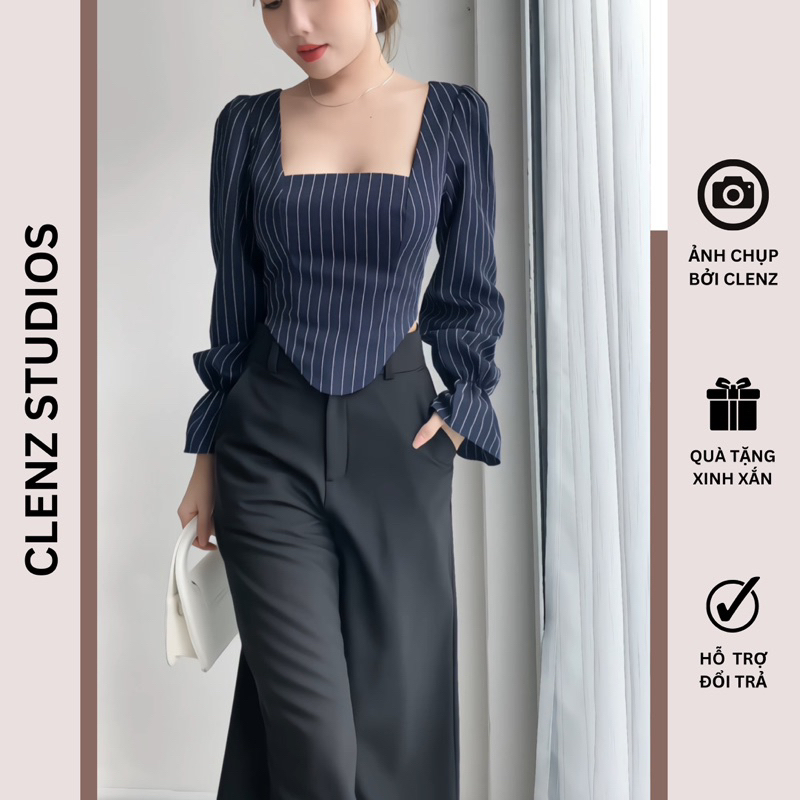 Áo croptop tay dài sọc nhún sau A08