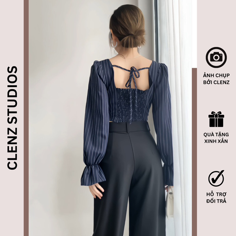 Áo croptop tay dài sọc nhún sau A08