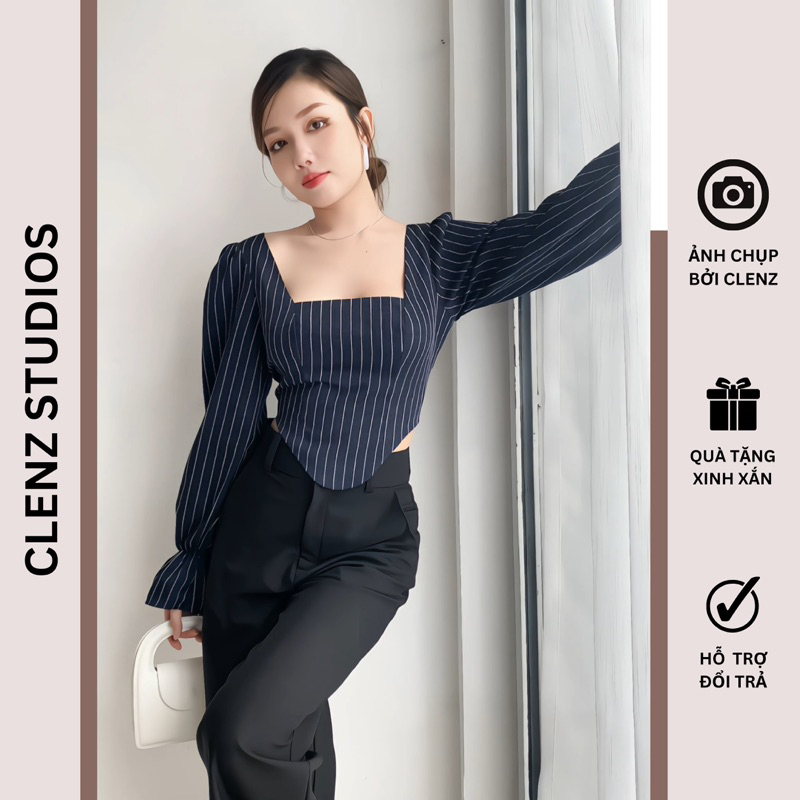 Áo croptop tay dài sọc nhún sau A08