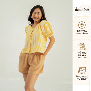 SWANLAKE | Áo Kiểu Nữ Cổ Tròn Tay Phồng Vải Cotton Caro Thoáng Mát, Thanh Lịch - MÃ: A10117LW09