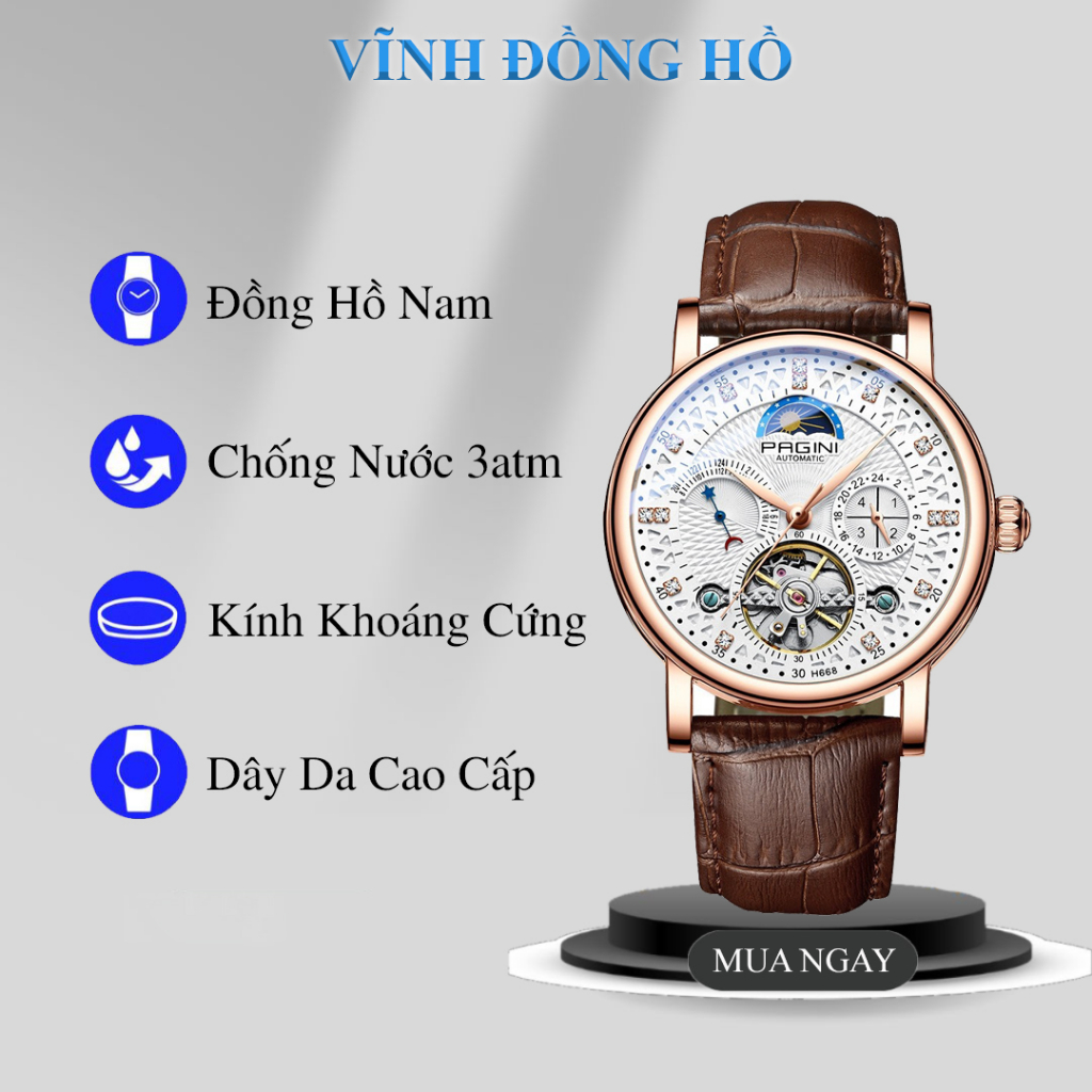 Đồng Hồ Cơ Nam Pagini PA9989 Lộ Máy Cực Chất - Chạy Full Kim
