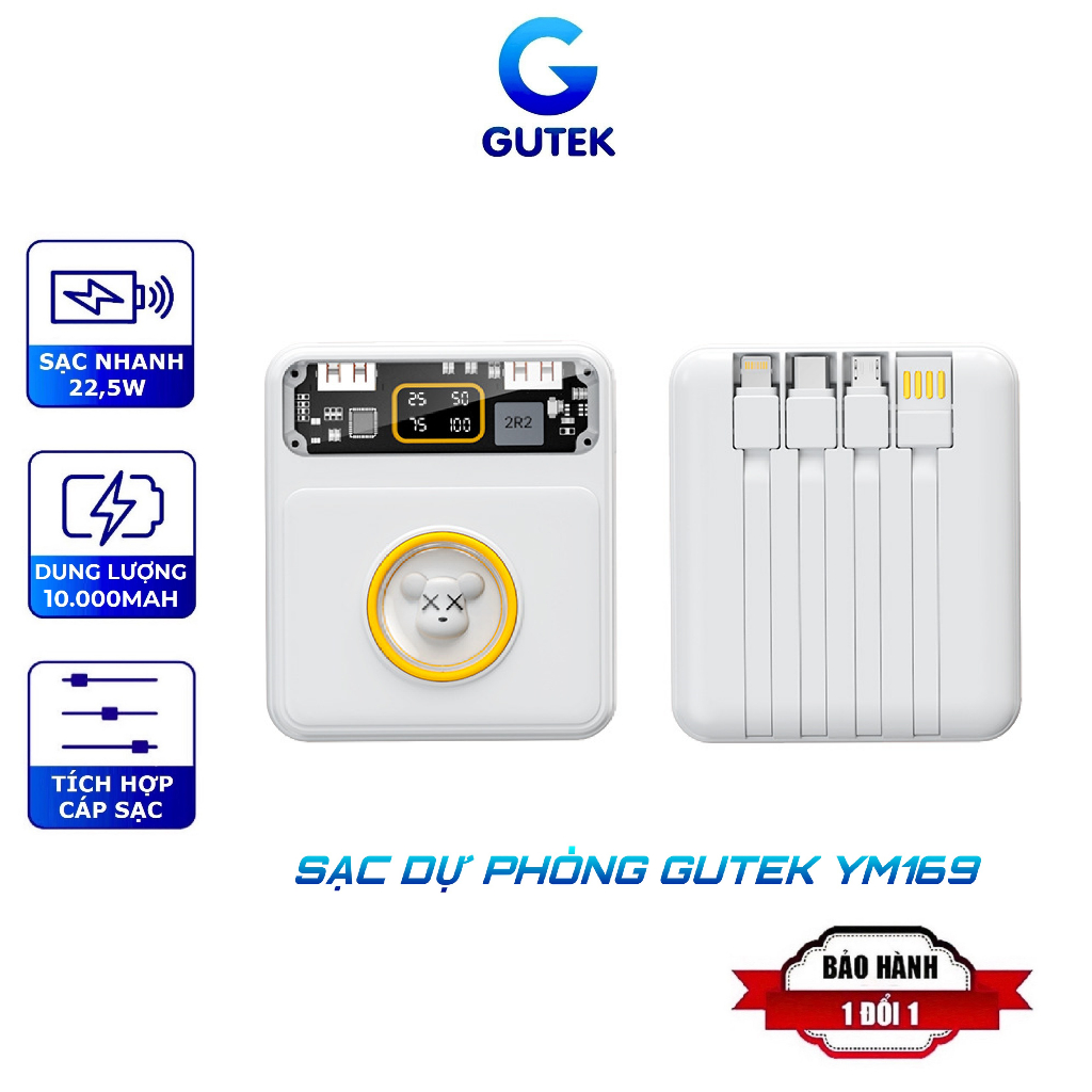 Sạc dự phòng 10000mAh Gutek YM169 pin dung lượng lớn tích hợp dây sạc nhanh cho nhiều thiết bị điện thoại