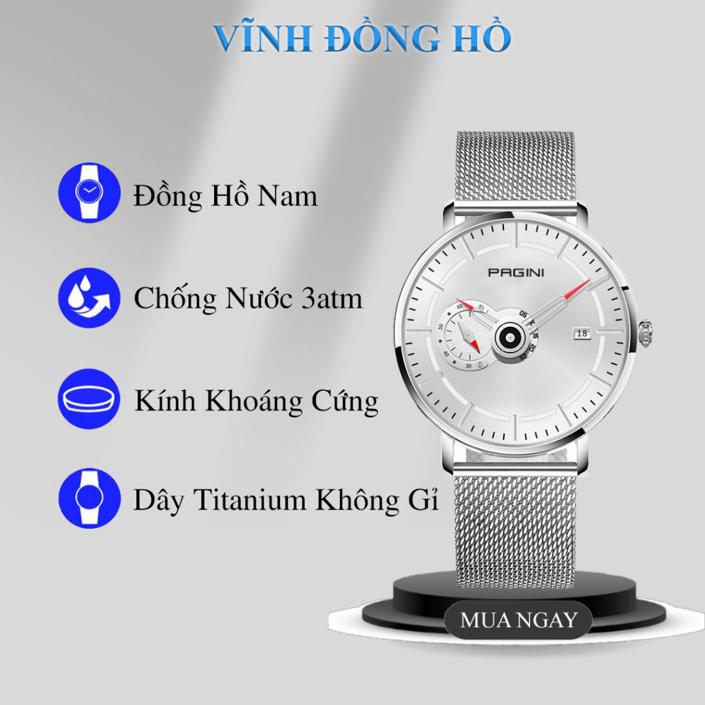 Đồng Hồ Nam Pagini Dây Lưới Không Gỉ - Có Lịch Ngày - Kiểu Dáng Năng Động - Máy Pin Kim Trôi Đẳng Cấp