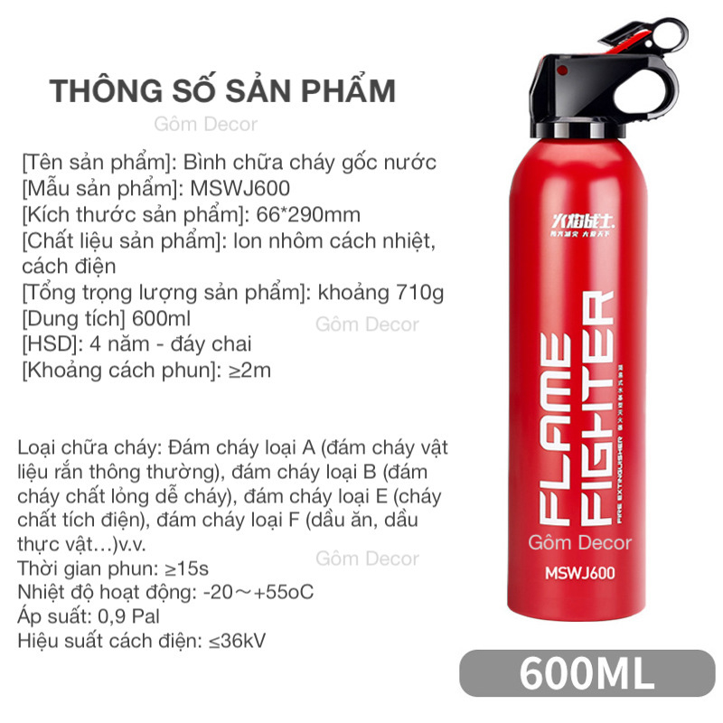 Bình cứu hoả mini, bình chữa cháy gốc nước dung tích 500ml-600ml-1000ml - Bình Dập Lửa Khẩn Cấp Ô Tô, Xe Máy, Văn Phòng
