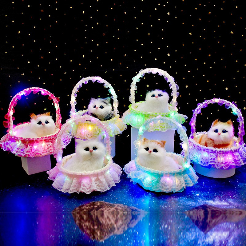 Giỏ mèo bông dễ thương có đèn làn mèo bông có âm thanh và phát sáng