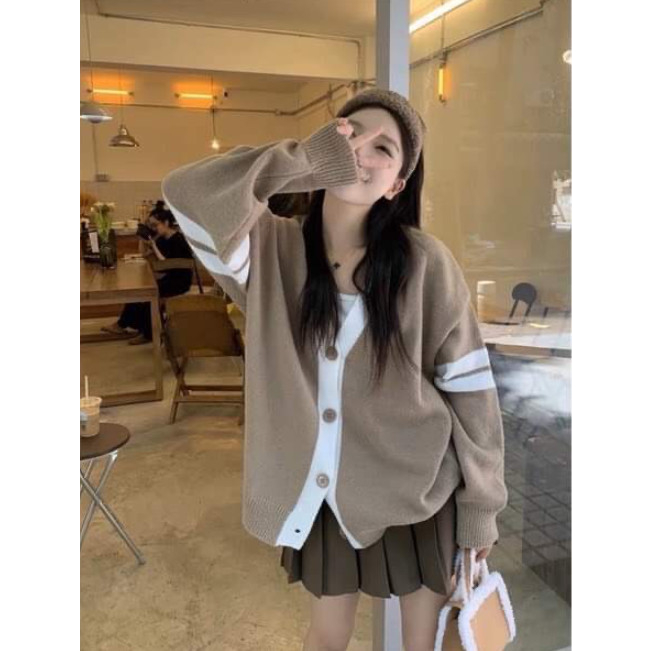 Áo khoác cadigan nữ  phối sọc viền tay chất nỉ