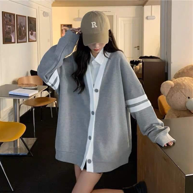 Áo khoác cadigan nữ  phối sọc viền tay chất nỉ