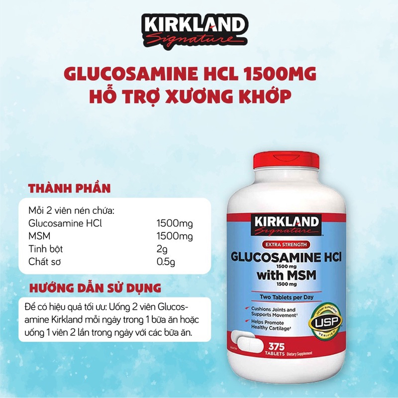 Viên uống bổ xương khớp Glucosamine HCL 1500mg Kirkland With MSM 1500mg lọ 375v của Mỹ