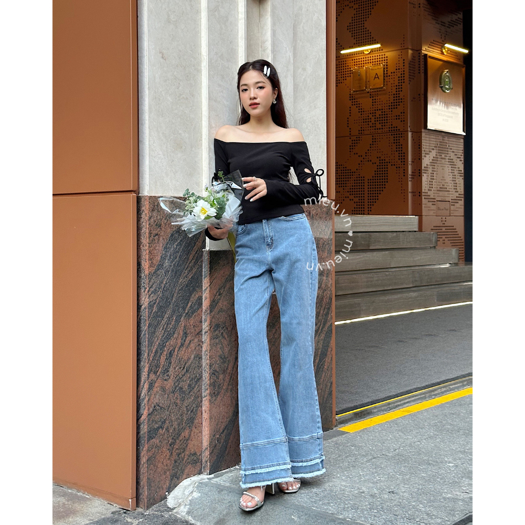 Áo thun nữ trễ vai chất thun gân lụa premium với thiết kế cut out cánh tay MIEU - KAU07