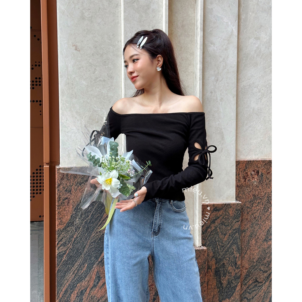 Áo thun nữ trễ vai chất thun gân lụa premium với thiết kế cut out cánh tay MIEU - KAU07