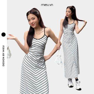 Đầm thun nữ 2 dây thiết kế sọc thời thượng với sườn eo nhún thun MIEU - KAU08
