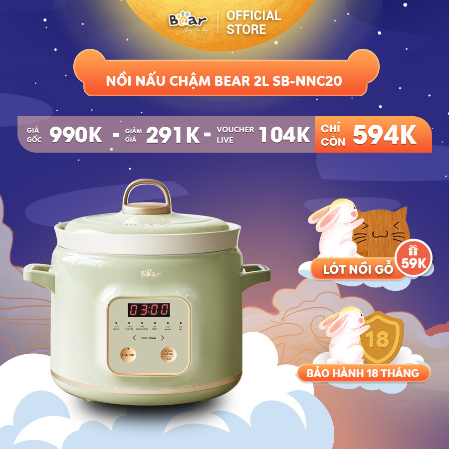 Nồi Nấu Chậm Trực Tiếp BEAR 2L Đa Năng Kho Cá Kho Thịt Nồi Áp Suất Hầm Giữ Ấm Giữ Trọn Chất Dinh Dưỡng B-SB-NNC20