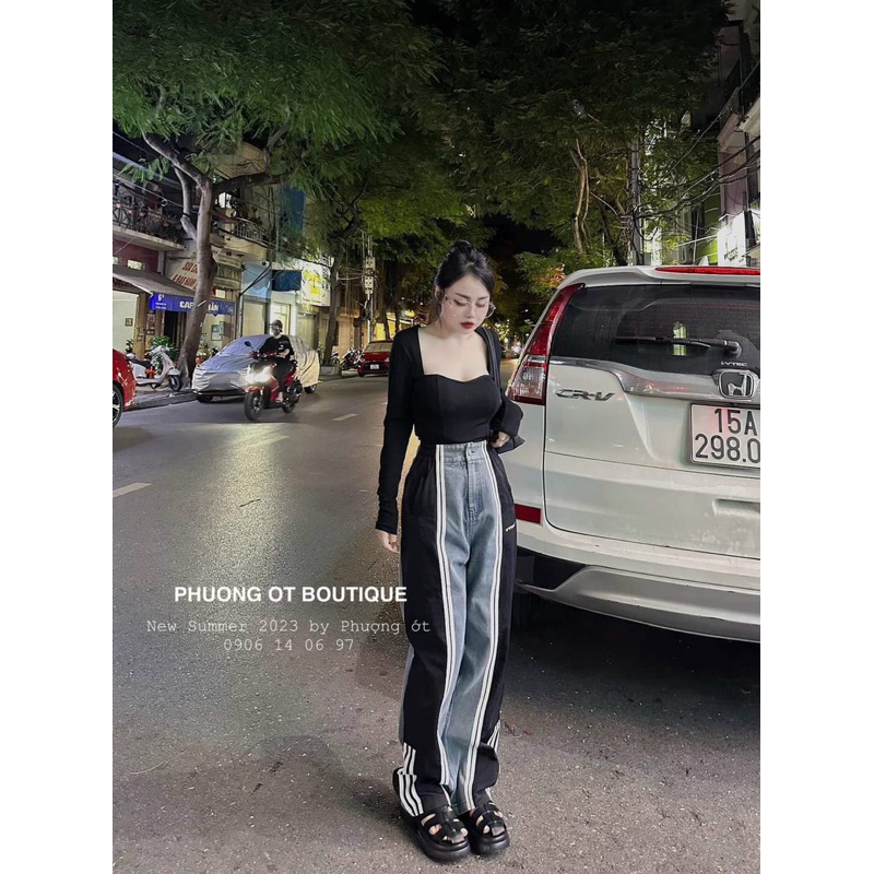 Set áo tay dài kèm quần suông phối màu