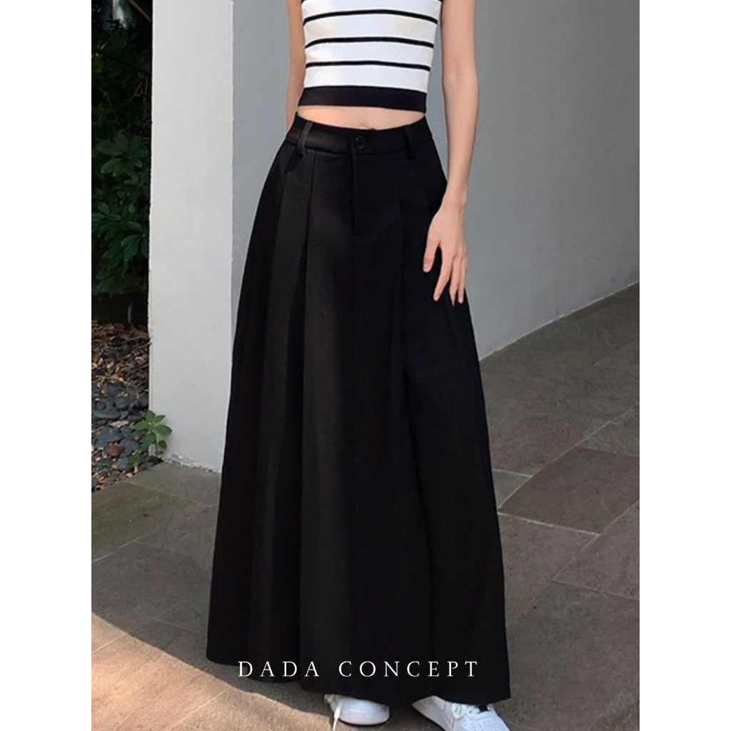 Dada Concept- Chân váy dài xếp ly lớn có khóa kéo cá tính màu đen, Chân váy siêu dài ulzzang hot 2023