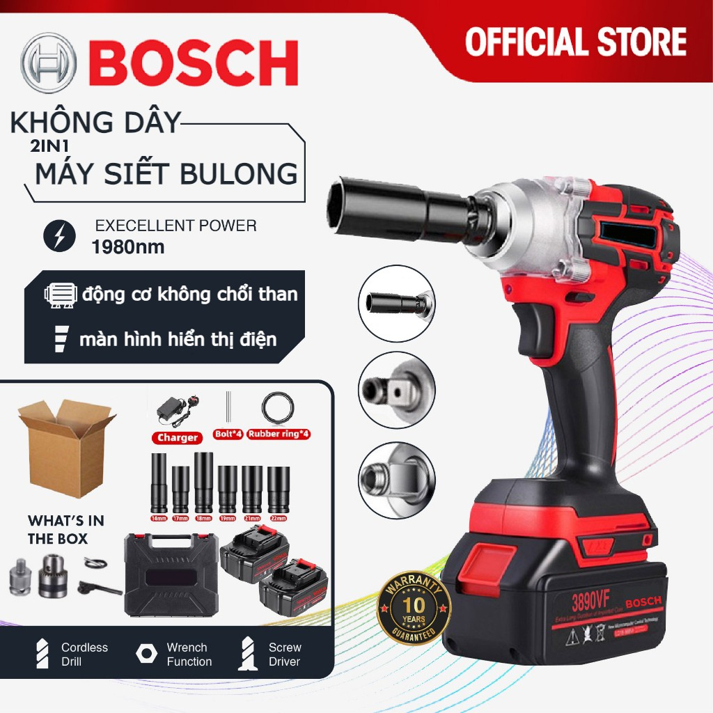 Máy Siết Bulong BOSCH 1599V, đầu 2 trong 1 - Bulong 3 Đèn Led Trợ Sáng - Máy bắn bulong không chổi than