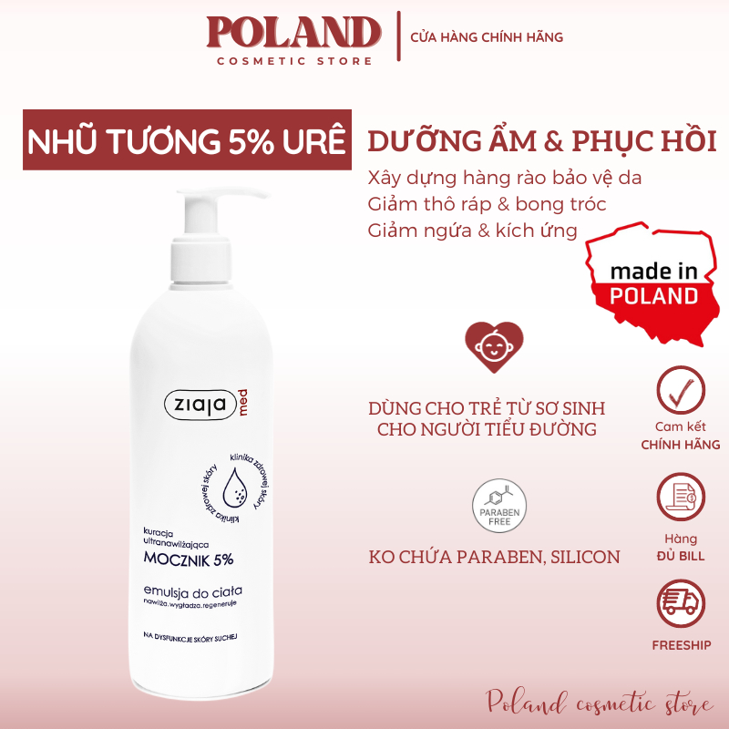 Nhũ tương Ziaja Med Mocznik 5% urê 400ml, nhũ tương dưỡng ẩm toàn thân mềm mượt, làm mềm mịn và tái tạo da