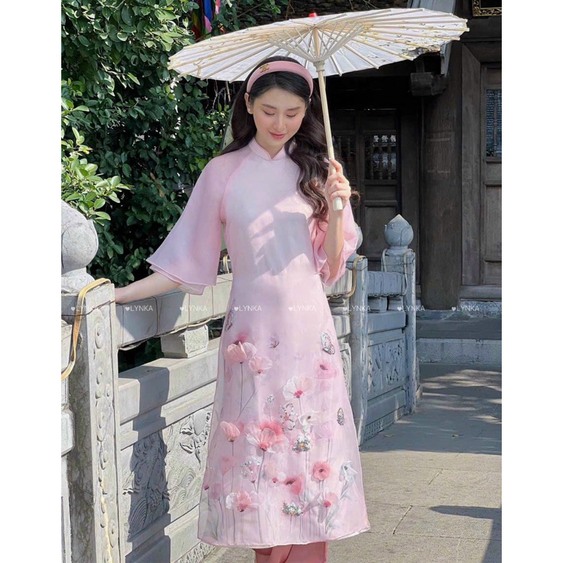 D12-Áo dài cách tân tơ 4 tà/ áo dài tay loe 2 lớp/aodailynka88