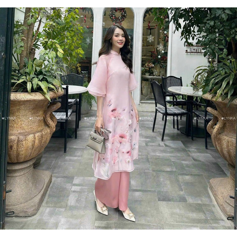 D12-Áo dài cách tân tơ 4 tà/ áo dài tay loe 2 lớp/aodailynka88