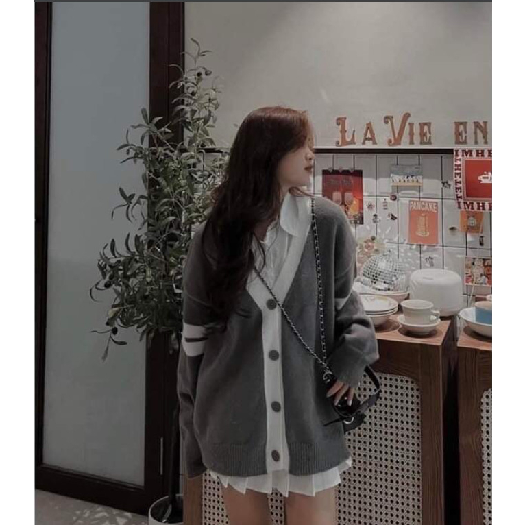 Áo khoác cadigan nữ  phối sọc viền tay chất nỉ