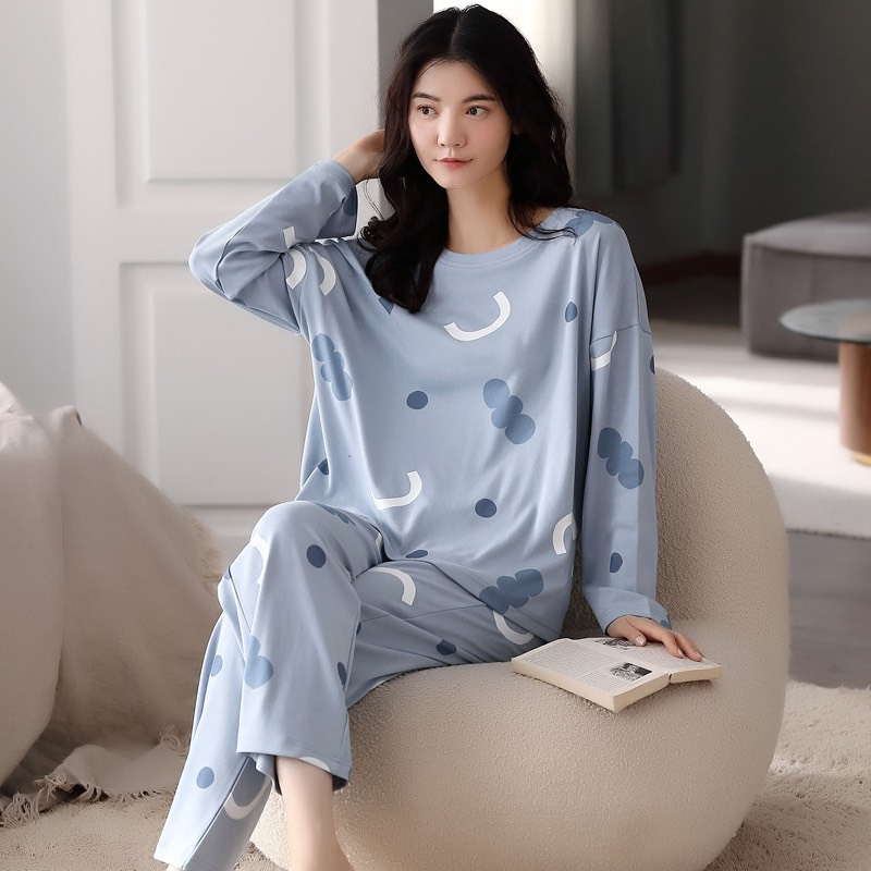 Bộ đồ mặc ở nhà, ngủ dáng suông cổ tròn họa tiết dễ thương chất cotton cao cấp mã DN47915