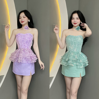 Set Hoa Thiết Kế Gồm Áo Corset Ôm Xòe Họa Tiết Phối Chân Váy Xẻ Tà ( Kèm Tag Bông ) T1522 - Thanh Tự
