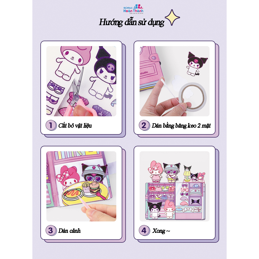 Đồ chơi cuốn sách yên tĩnh Sanrio Kuromi dành cho trẻ em bé trai bé gái, đồ chơi thủ công tự làm bằng tay không cần cắt