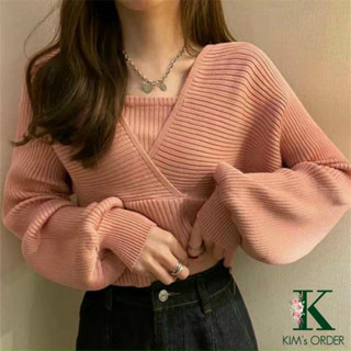  Áo thun len lăm nữ cổ chữ V tay bồng tiểu thư cá tính phong cách Ulzzang Hàn Quốc Áo Nữ Tay Dài Hở Vai 