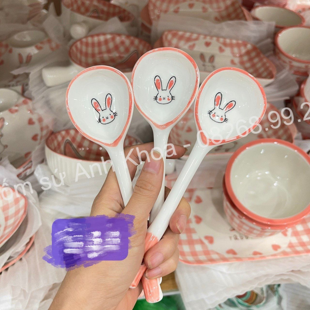 Thìa cơm gốm sứ Bộ bát đĩa decor siêu đáng yêu cực cao cấp thìa sứ dài hoạ tiết cute Xinh Yêu Gomsudecor21