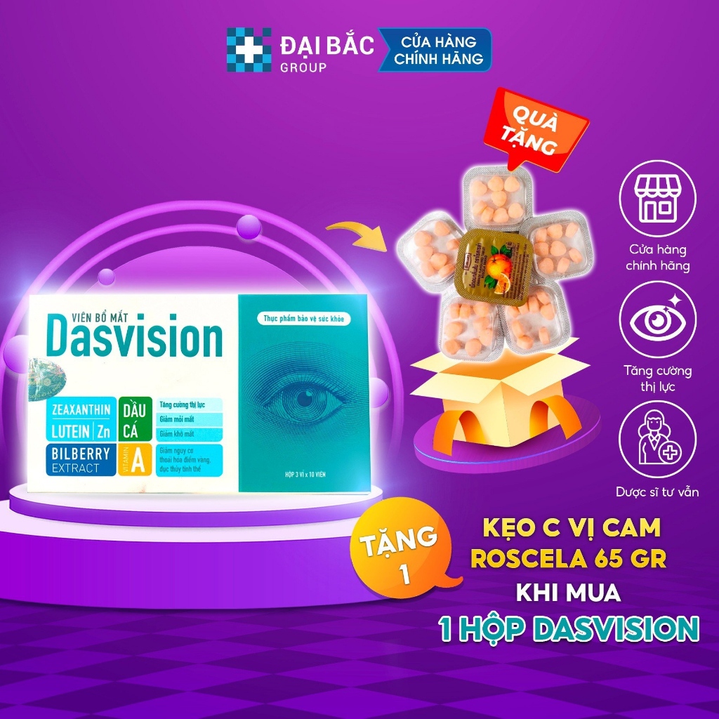 [MUA 1 ĐƯỢC 2]Viên uống bổ mắt Dasvision tăng cường thị lực, giảm mỏi mắt, khô mắt -  tặng 1 gói kẹo bổ sung vitamin C