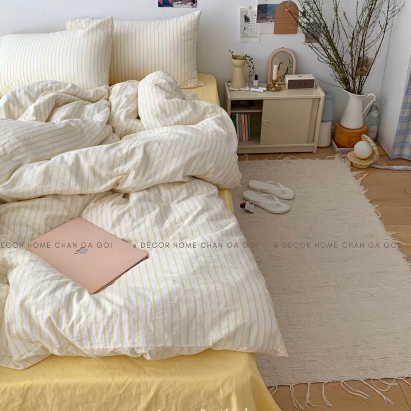 Bộ 4 món ga gối và vỏ chăn Cotton Đũi kẻ  Watermark gam màu Pastel phong cách Hàn Quốc