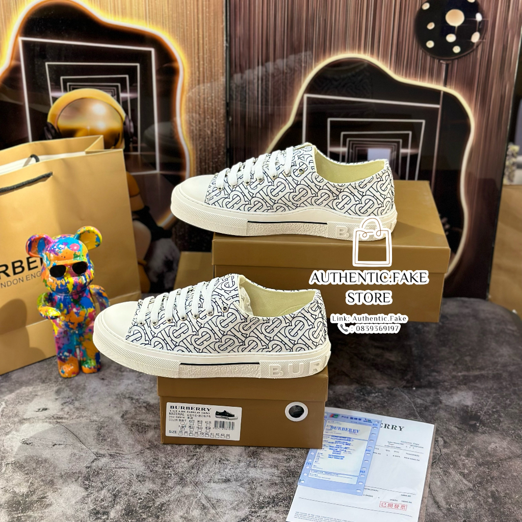 Giày Thể Thao Burberryy Monogramm Printt Cotton ‘Optic White’ ,Giày Sneaker BBR Trắng Họa Tiết Mới 2023