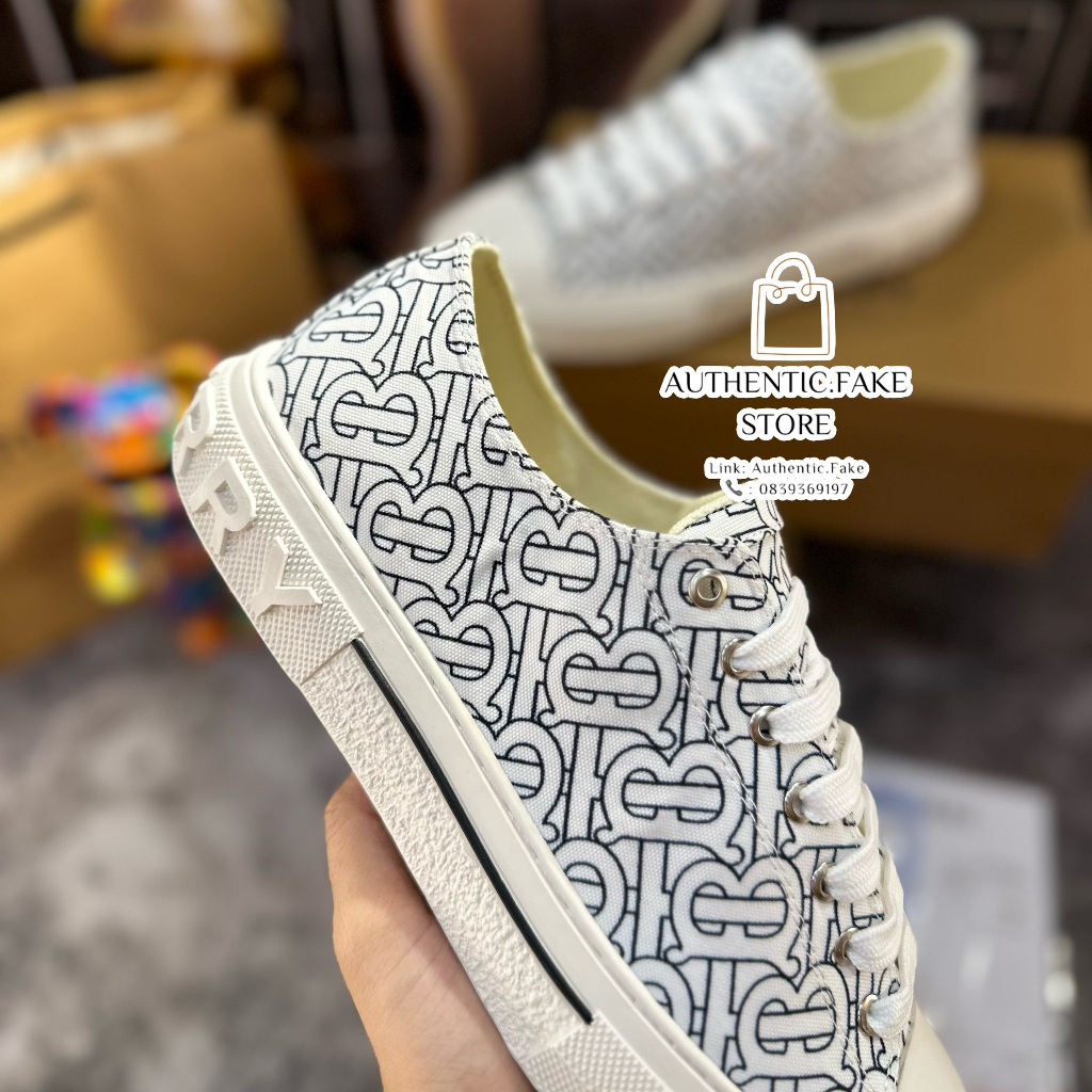 Giày Thể Thao Burberryy Monogramm Printt Cotton ‘Optic White’ ,Giày Sneaker BBR Trắng Họa Tiết Mới 2023