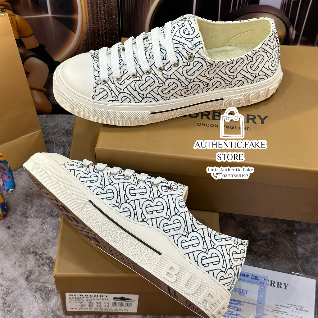 Giày Thể Thao Burberryy Monogramm Printt Cotton ‘Optic White’ ,Giày Sneaker BBR Trắng Họa Tiết Mới 2023