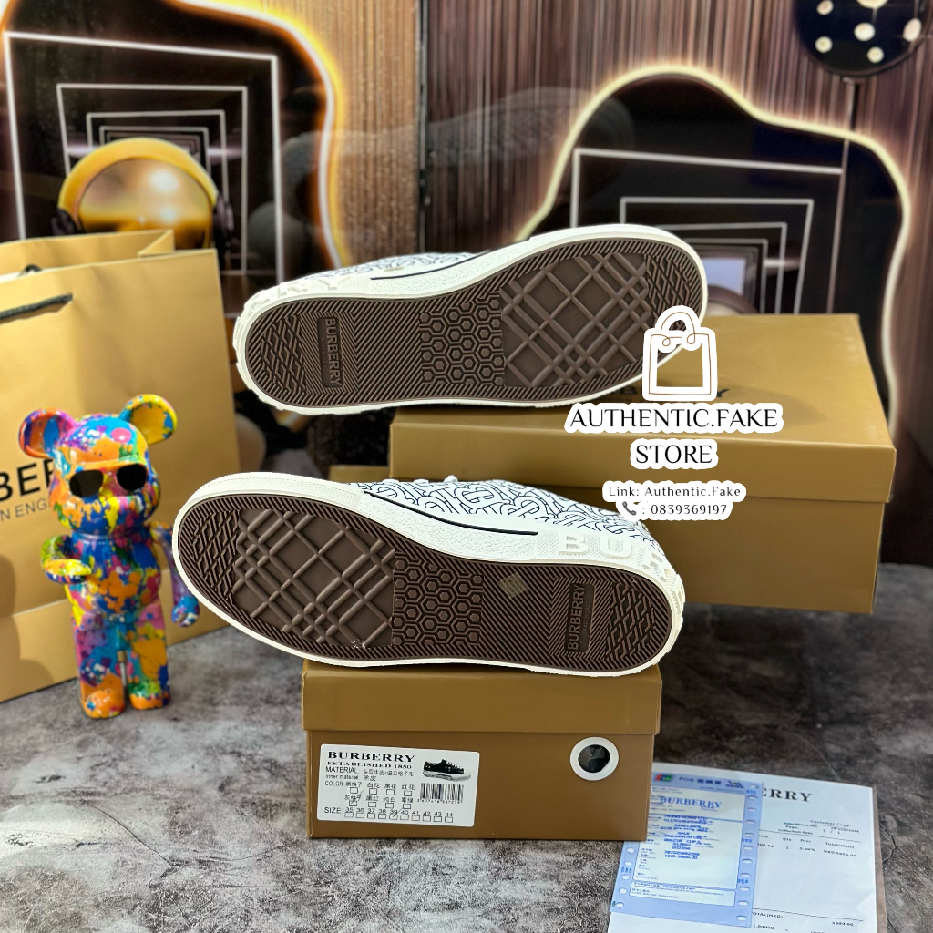 Giày Thể Thao Burberryy Monogramm Printt Cotton ‘Optic White’ ,Giày Sneaker BBR Trắng Họa Tiết Mới 2023