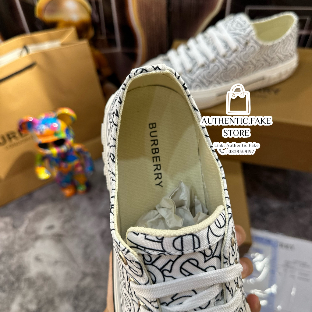Giày Thể Thao Burberryy Monogramm Printt Cotton ‘Optic White’ ,Giày Sneaker BBR Trắng Họa Tiết Mới 2023